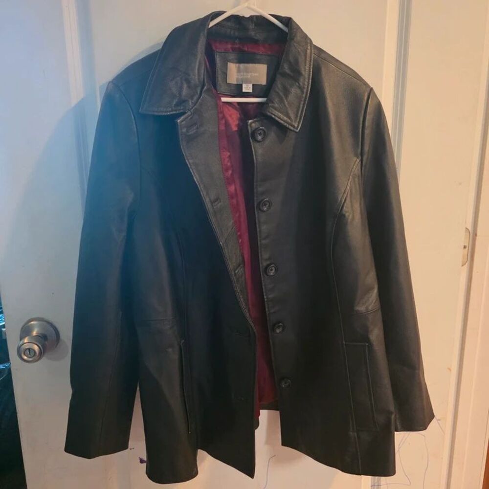 Genuine Leather Black Button Front Jacket Plus Size 1X Burgundy Lining